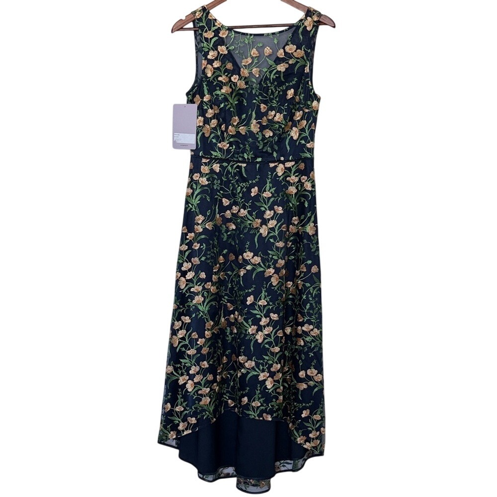 JS Collections Embroidered Floral Midi Dress Navy Multi Fits Like Size 6 NWT